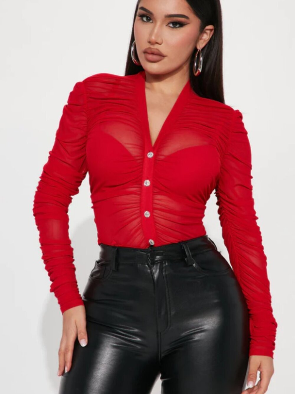 Fashion Nova NEW Rebecca Ruched Blouse - Red Size M